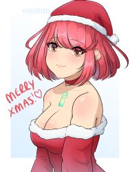 Rule 34 | 1girl, breasts, christmas, cleavage, cosplay, grin, hat, heart, highres, looking at viewer, merry christmas, nintendo, pyra (xenoblade), red hair, santa costume, santa hat, shiny skin, smile, spoken heart, standing, tiara, upper body, xenoblade chronicles (series), xenoblade chronicles 2, yellow eyes