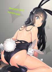 Rule 34 | 1girl, animal, animal ears, artist name, ass, ayaki, back, backless leotard, bare back, bare shoulders, black footwear, black hair, black leotard, black ribbon, blue eyes, breasts, detached collar, fake animal ears, from behind, hair ribbon, high heels, highleg, highleg leotard, leotard, looking at viewer, looking back, medium breasts, open mouth, original, parted bangs, playboy bunny, rabbit, rabbit ears, rabbit tail, reflection, ribbon, shoes, sitting, skin tight, solo, tail, teeth, wariza, wrist cuffs