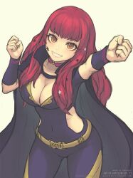 Rule 34 | 1girl, arm up, belt, bodysuit, breasts, cleavage, clenched hands, commentary request, covered navel, cowboy shot, facial mark, fire emblem, fire emblem engage, gofelem, hand up, large breasts, nintendo, orange eyes, red hair, simple background, solo, standing, star (symbol), thighs, yellow background, yellow belt, yunaka (fire emblem)