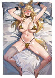 1girl :o absurdres animal_ears animal_print bed bed_sheet bikini blonde_hair blush breasts choker cleavage denim denim_shorts female_focus full_body gold_city_(umamusume) hair_ribbon highres horse_ears horse_girl horse_tail large_breasts leopard_print long_hair looking_at_viewer lying micro_bikini on_back open_mouth pillow pillow_grab ribbon shiny_skin short_shorts shorts single_thighhigh solo spread_legs swimsuit tail tears teeth thighhighs tongue tongue_out umamusume unworn_shorts upper_teeth_only variant_set wristband yagi_(joe731842)