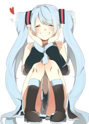 Rule 34 | 1girl, bad id, bad pixiv id, blue hair, closed eyes, detached sleeves, grin, hands on own face, hatsune miku, heart, long hair, prin dog, simple background, sitting, skirt, smile, solo, twintails, very long hair, vocaloid, white background