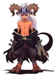 Rule 34 | 1boy, assassin cross (ragnarok online), black cape, black sclera, black shirt, cape, claws, closed mouth, clothes around waist, colored sclera, commentary request, emon-yu, full body, hair between eyes, horns, long hair, looking at viewer, male focus, monster boy, no nipples, pointy ears, ragnarok online, red eyes, shirt, shirt around waist, simple background, skull, skull on head, solo, torn cape, torn clothes, waist cape, white background, white hair