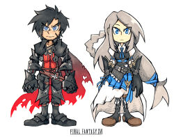 Rule 34 | 1boy, 1girl, armor, beard stubble, black cape, black hair, blue eyes, braid, cape, chibi, chinstrap beard, clive rosfield, closed mouth, dress, facial hair, facial scar, final fantasy, final fantasy xvi, gloves, grey hair, highres, jill warrick, leather vest, long hair, looking at viewer, scar, scar on cheek, scar on face, setz, short hair, simple background, single braid, square enix, standing, stubble, tied drawstring, vest, white dress