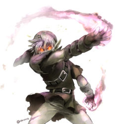 Rule 34 | 1boy, artist name, belt, dark link, fingerless gloves, gloves, glowing, glowing eyes, hat, looking at viewer, male focus, nintendo, outstretched arm, pointy ears, red eyes, rito (kinokosoup), silver hair, solo, the legend of zelda
