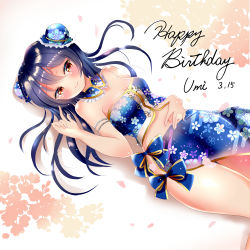 Rule 34 | 1girl, absurdres, alternate hairstyle, artist name, artist request, bare legs, bare shoulders, blue bow, blue detached collar, blue dress, blue hair, blush, bow, bracelet, breasts, bun cover, china dress, chinese clothes, cleavage, collar, detached arm, detached collar, double bun, dress, dress bow, female focus, floral print, flower print, frills, hair between eyes, hair bun, hand on stomach, highres, jewelry, light particles, long hair, looking at viewer, love live!, love live! school idol festival, love live! school idol project, medium breasts, parted lips, purple hair, ribbon, shorts under dress, sleeveless, smile, solo, sonoda umi, white bow, white ribbon, yellow eyes