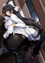 Rule 34 | 1girl, ass, azur lane, b-river, black hair, blush, bow, breasts, brown eyes, clothes lift, embarrassed, from behind, gloves, hair bow, hair over one eye, highres, large breasts, long hair, looking down, military, military uniform, panties, panties under pantyhose, pantyhose, ponytail, shiny clothes, sideboob, skirt, skirt hold, skirt lift, solo, takao (azur lane), thigh strap, thighband pantyhose, underwear, uniform, very long hair, white gloves, white skirt