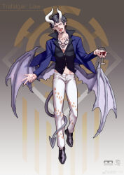 Rule 34 | 1boy, absurdres, alcohol, black footwear, black hair, black shirt, blue jacket, buttons, character name, chest tattoo, collarbone, cup, demon horns, demon tail, demon wings, drinking glass, earrings, fangs, feijio yizhi, fingernails, forked tongue, full body, gradient background, grey background, highres, holding, holding cup, horns, jacket, jewelry, long sleeves, looking at viewer, male focus, midriff peek, one piece, pants, pectoral cleavage, pectorals, pointy ears, popped collar, sharp fingernails, sharp teeth, shirt, solo, tail, tattoo, teeth, tongue, trafalgar law, weibo logo, white horns, white pants, wine, wine glass, wings