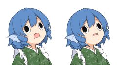 Rule 34 | 1girl, blue hair, commentary request, fins, hair between eyes, head fins, japanese clothes, kimono, open mouth, simple background, solo, strabismus, tamahana, touhou, upper body, wakasagihime, wall-eyed, white background