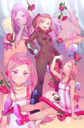 Rule 34 | 1girl, anemone (eureka seven), animal request, arm support, bare legs, barefoot, black bodysuit, bodysuit, bomhat, braid, breasts, character name, choker, commentary, dress, english text, eureka seven, eureka seven (series), flower, hair ornament, hairclip, hand on own hip, highres, hood, long hair, looking at viewer, lying, multiple views, nail polish, on side, open mouth, pillow, pink background, pink dress, pink eyes, pink flower, pink footwear, pink hair, pink nails, pink rose, pink theme, rose, sitting, skin tight, small breasts, smile, standing, teeth, toenail polish, toenails, twin braids, upper teeth only, white dress, yellow background