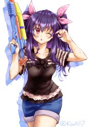 Rule 34 | absurdres, black hair, breasts, exhausted, highres, kow (kow0117), long hair, neptune (series), one eye closed, open mouth, red eyes, ribbon, shirt, shorts, small breasts, soaked, surprised, thighs, tsundere, twintails, two side up, uni (neptunia), water gun, wet
