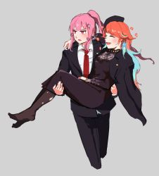 Rule 34 | 2girls, absurdres, anger vein, annoyed, black dress, carrying, closed eyes, commentary, dress, english commentary, english text, formal, grey background, highres, hololive, hololive english, jacket, jacket on shoulders, mafia, mori calliope, multiple girls, open mouth, orange hair, pink eyes, pink hair, ponytail, princess carry, running, suit, takanashi kiara, textless version, torn clothes, torn legwear, vincent wu, virtual youtuber, yuri