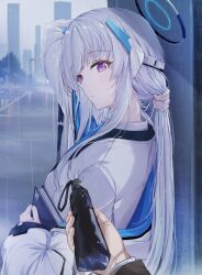 Rule 34 | 1girl, 1other, absurdres, aka (440626), blue archive, blue necktie, blush, book, collared shirt, grey hair, halo, headphones, highres, holding, holding book, holding own hair, holding umbrella, jacket, long hair, necktie, noa (blue archive), open mouth, purple eyes, rain, shirt, two-sided fabric, two-sided jacket, umbrella, upper body, very long hair, white shirt