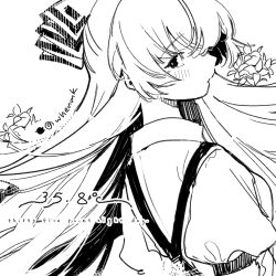 Rule 34 | 1girl, blush, english text, floating hair, flower, from behind, from side, fujiwara no mokou, greyscale, half updo, long hair, looking at viewer, looking back, monochrome, parted lips, profile, puffy sleeves, ryokotyu, sleeve garter, solo, suspenders, touhou, twitter logo, twitter username, upper body, white background