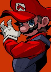 Rule 34 | 1boy, blue eyes, brown hair, facial hair, gloves, hair behind ear, hat, highres, looking at viewer, male focus, mario, mario (series), mustache, nintendo, omoti sakamoto, open hand, overalls, red background, red hat, shaded face, solo, white gloves