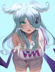 Rule 34 | 1girl, blue background, blue eyes, blue hair, breasts, commentary, elira pendora, elira pendora (1st costume), english commentary, grey overalls, hair over one eye, head wings, highres, kookiesnmilk, leaning forward, lips, long hair, looking at viewer, low wings, medium breasts, mole, nijisanji, nijisanji en, off shoulder, one eye covered, overall shorts, overalls, solo, sweater, virtual youtuber, white sweater, wings