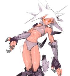 Rule 34 | 1girl, @ @, colored skin, fake claws, grin, hakusaku, highres, looking at viewer, midriff, navel, original, pink skin, red eyes, shiny clothes, shiny skin, simple background, smile, solo, spiked hair, white background, white hair
