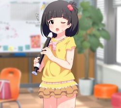 Rule 34 | 1girl, ^^^, black hair, blurry, blurry background, blush, brown eyes, brown skirt, chair, child, collarbone, commentary request, cowboy shot, day, depth of field, flute, hair bobbles, hair ornament, holding, holding flute, holding instrument, idolmaster, idolmaster million live!, idolmaster million live! theater days, indoors, instrument, joutarou, layered skirt, long hair, looking at viewer, nakatani iku, one eye closed, one side up, panties, panty peek, parted lips, plant, potted plant, recorder, saliva, saliva trail, shirt, short sleeves, skirt, solo, sweat, teeth, tongue, tongue out, tree, underwear, upper teeth only, white panties, window, window blinds, yellow shirt