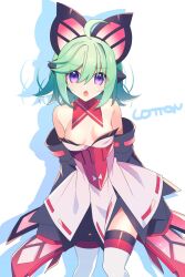 Rule 34 | ahoge, alternate color, alternate costume, artist name, azure striker gunvolt, bare shoulders, black sleeves, breasts, butterfly hair ornament, cosplay, cowboy shot, detached sleeves, dress, green hair, hair ornament, highres, lololotton, looking at viewer, lumen (gunvolt), lumen (gunvolt) (cosplay), open mouth, purple eyes, red theme, red trim, roro (gunvolt), shadow, short hair, simple background, small breasts, strapless, strapless dress, thighhighs, white background, white dress, white thighhighs