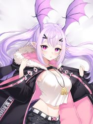 Rule 34 | 1girl, alternate breast size, arknights, black jacket, black shorts, blush, breasts, cleavage, clothes writing, dakimakura (medium), dog tags, fur-trimmed hood, fur trim, hair ornament, hairclip, head wings, highres, hood, hooded jacket, jacket, large breasts, long sleeves, looking at viewer, lying, manticore (arknights), midriff, navel, on bed, open clothes, open jacket, parted lips, pink eyes, pink jacket, pointy ears, purple hair, shorts, simple background, solo, tank top, twintails, two-sided fabric, two-sided jacket, white background, white tank top, wide sleeves, wings, xooku