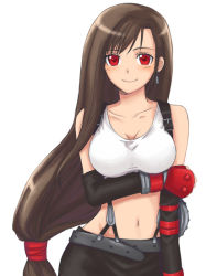 Rule 34 | 1990s (style), 1girl, belt, breasts, brown hair, comanjaco, earrings, elbow gloves, female focus, final fantasy, final fantasy vii, fingerless gloves, gloves, jewelry, long hair, midriff, miniskirt, red eyes, retro artstyle, simple background, skirt, solo, suspenders, tank top, tifa lockhart, white background