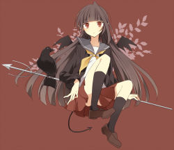 Rule 34 | 1girl, bad id, bad pixiv id, bat wings, bird, brown hair, holding, long hair, original, polearm, red background, red eyes, school uniform, simple background, skirt, solo, tail, trident, uramakaron, weapon, wings