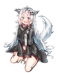 Rule 34 | 1girl, ahoge, animal ears, arknights, bare legs, between legs, black coat, black shorts, blush, breasts, brown eyes, coat, commentary, fang, full body, greypidjun, hair ornament, hairclip, hand between legs, lappland (arknights), long hair, long sleeves, looking at viewer, material growth, midriff, open mouth, oripathy lesion (arknights), short shorts, shorts, silver hair, simple background, sitting, small breasts, smile, solo, tail, thighs, wariza, white background, wolf ears, wolf tail