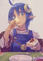 Rule 34 | 1girl, blue eyes, blue hair, cake, cape, closed mouth, crescent, crescent hair ornament, cup, eating, food, food on face, fork, hair ornament, highres, holding, holding food, looking at viewer, nail polish, plate, pointy ears, red cape, rena lanford, short hair, solo, star ocean, star ocean the second story, table, toro (konirio)