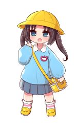 Rule 34 | 1girl, bag, blue eyes, blue shirt, blue skirt, blush, bobby socks, brown hair, collared shirt, fang, full body, hand up, hat, highres, kindergarten bag, kindergarten uniform, loafers, long hair, long sleeves, looking at viewer, naga u, open mouth, original, pleated skirt, puffy long sleeves, puffy sleeves, school hat, shirt, shoes, simple background, skirt, sleeves past wrists, socks, solo, standing, twintails, white background, white socks, yellow footwear, yellow hat