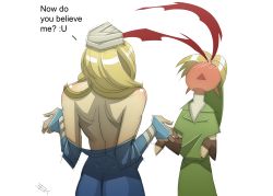 Rule 34 | 1boy, 1girl, absurdres, back, bandages, bare shoulders, blonde hair, blood, english text, from behind, highres, link, long hair, nintendo, nosebleed, pointy ears, sheik, the legend of zelda, the legend of zelda: ocarina of time, undressing, white background, whitefoxcub