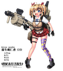 Rule 34 | 1girl, :d, ahoge, assault rifle, blonde hair, blue eyes, bow, fang, full body, gloves, grenade launcher, gun, gun on back, hair bow, hair intakes, hase yu, heterochromia, holding, holding gun, holding weapon, holster, milkor mgl, milkor mgl, open mouth, original, plaid, plaid skirt, revolver grenade launcher, rifle, gun on back, school uniform, single thighhigh, skirt, smile, solo, sweater vest, thigh holster, thighhighs, trigger discipline, twintails, weapon, weapon on back, white background, yellow eyes