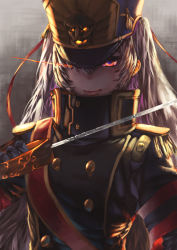 Rule 34 | 10s, 1girl, absurdres, altair (re:creators), double-breasted, hat, highres, military, military uniform, re:creators, red eyes, saber (weapon), shako cap, sword, uniform, weapon, white hair