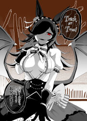 Rule 34 | 1girl, absurdres, animal ears, bow, bow skirt, bowtie, breasts, brooch, collared shirt, commentary request, demon wings, english text, fangs, frilled hairband, frilled sleeves, frills, gloves, hair over one eye, hairband, half-closed eyes, halloween, hand to own mouth, highres, horse ears, horse girl, jack-o&#039;-lantern ornament, jewelry, large breasts, layered skirt, long hair, looking at viewer, low wings, medium skirt, natuumi (jmwy5354), no bra, partial commentary, partially colored, partially unbuttoned, puffy short sleeves, puffy sleeves, red eyes, rice shower (make up vampire!) (umamusume), rice shower (umamusume), shirt, short sleeves, skirt, smirk, solo, standing, star (symbol), translated, trick or treat, umamusume, wings