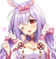 Rule 34 | &gt; &lt;, 1girl, ;d, animal ear fluff, animal ears, bare shoulders, blush, bow, breasts, brown eyes, rabbit ears, rabbit hair ornament, cleavage, cleavage cutout, clothing cutout, commentary, dress, hair bow, hair ornament, hands up, head tilt, heart, himesaki yuzuru, index finger raised, long hair, looking at viewer, low twintails, maki soutoki, medium breasts, noripro, one eye closed, open mouth, pink bow, purple hair, simple background, smile, solo, striped, striped bow, symbol-only commentary, twintails, virtual youtuber, white background, white dress, x x