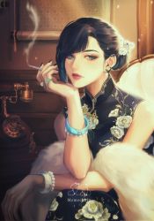 Rule 34 | 1girl, antique phone, artist name, blue eyes, blue hair, bracelet, china dress, chinese clothes, cigarette, closed mouth, corrupted twitter file, dress, earrings, fur, genshin impact, hair ornament, highres, holding, holding cigarette, indoors, jewelry, lips, makeup, memechkin, nail polish, nose, pearl bracelet, phone, ring, rotary phone, sitting, smoke, smoking, solo, tassel, yelan (genshin impact)