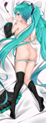 Rule 34 | 1girl, absurdly long hair, absurdres, ahoge, aqua eyes, aqua hair, ass, bed sheet, black hair, black thighhighs, blush, butt crack, dakimakura (medium), detached sleeves, from behind, full body, hatsune miku, highres, long hair, looking at viewer, panties, panty pull, pleated skirt, resized, sheet grab, skirt, solo, striped clothes, striped panties, thighhighs, twintails, underwear, unworn skirt, upscaled, very long hair, vocaloid