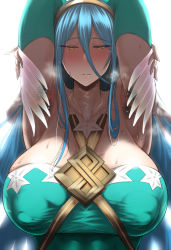 Rule 34 | 1girl, armpit hair, armpits, arms behind head, azura (fire emblem), blonde hair, blue hair, blush, breasts, covered erect nipples, elbow gloves, fire emblem, fire emblem fates, gloves, grin, hair between eyes, highres, large breasts, long hair, mature female, mole, mole on arm, mole on breast, nintendo, simple background, smile, solo, sweat, tanishi (tani4), white background