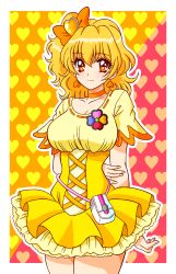 Rule 34 | 1girl, arms behind back, blonde hair, border, bow, breasts, choker, cleavage, closed mouth, collarbone, commentary, cowboy shot, cross-laced clothes, cure pine, earrings, fresh precure!, frilled skirt, frills, hair between eyes, hair ornament, heart, heart background, heart earrings, highres, jewelry, large breasts, looking at viewer, medium hair, orange bow, orange choker, orange eyes, pouch, precure, short sleeves, skirt, smile, solo, split mouth, tatsumi kyouhei, white border, yamabuki inori