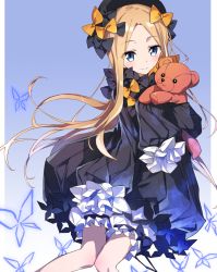 Rule 34 | 1girl, abigail williams (fate), black bow, black dress, black hat, blonde hair, bloomers, blue eyes, blush, bow, bug, butterfly, closed mouth, commentary request, dress, fate/grand order, fate (series), forehead, hair bow, hat, hugging object, insect, long hair, long sleeves, looking at viewer, orange bow, parted bangs, polka dot, polka dot bow, sleeves past wrists, smile, solo, stuffed animal, stuffed toy, teddy bear, tsuezu, underwear, very long hair, white bloomers
