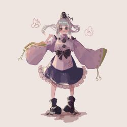Rule 34 | 1girl, 87ilil, black footwear, black skirt, closed mouth, commentary request, frilled skirt, frills, full body, grey background, grey eyes, grey hair, highres, long hair, long sleeves, looking at viewer, mononobe no futo, ponytail, simple background, skirt, solo, standing, touhou, wide sleeves