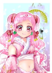 Rule 34 | 1girl, adapted costume, border, closed mouth, clover earrings, cure yell, detached sleeves, eyelashes, floral print, highres, hugtto! precure, japanese clothes, long hair, long sleeves, looking at viewer, manekineko5319, midriff, navel, outline, pink eyes, pink hair, pink sleeves, precure, print sleeves, sketch, smile, solo, stomach, upper body, very long hair, white border
