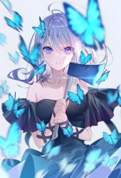 Rule 34 | 1girl, animal, axe, bare shoulders, black dress, blue butterfly, blue dress, blue theme, breasts, bug, butterfly, dress, floating clothes, floating hair, glint, gradient clothes, gradient dress, grey background, grey hair, hands up, hatchet (axe), highres, holding, holding axe, insect, long hair, looking at viewer, miwano rag, motion blur, off-shoulder dress, off shoulder, original, purple eyes, simple background, solo, straight hair, upper body, w arms, wind, wrist straps