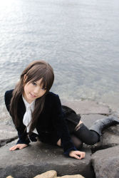 Rule 34 | 1girl, asian, black thighhighs, boots, brown hair, character request, copyright request, cosplay request, kipi-san, long hair, looking at viewer, miniskirt, outdoors, photo (medium), scarf, skirt, solo, thighhighs, velvet jacket, water, zettai ryouiki
