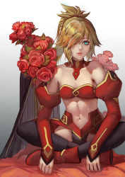 Rule 34 | 1girl, bandeau, bare shoulders, blonde hair, blue eyes, blush, bouquet, breasts, detached collar, detached sleeves, estcc, eyelashes, fate/apocrypha, fate (series), flower, full body, hair over one eye, highres, indian style, lips, long hair, looking at viewer, mordred (fate), mordred (fate/apocrypha), navel, parted lips, pelvic curtain, ponytail, rose, sitting, small breasts, smile, solo, thighhighs, underboob