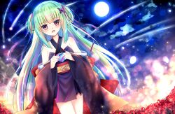 Rule 34 | 1girl, :d, absurdres, bare shoulders, black kimono, blunt ends, blush, box, bright pupils, commentary, cowboy shot, criss-cross halter, detached sleeves, floral print, flower, full moon, gift, green hair, hair ribbon, halterneck, heart-shaped box, highres, hime cut, holding, holding gift, izumikuu, japanese clothes, kimono, light particles, long hair, long ribbon, long sleeves, looking at viewer, moon, murasame (senren), night, night sky, open mouth, outdoors, pom pom (clothes), red eyes, red flower, red ribbon, red sash, ribbon, sash, senren banka, shooting star, sidelocks, sky, smile, solo, spider lily, straight hair, two side up, valentine, very long hair, wide sleeves