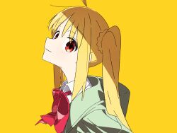 Rule 34 | 1girl, ahoge, blonde hair, bocchi the rock!, bow, closed mouth, collared shirt, detached ahoge, green jacket, hair between eyes, hair over one eye, highres, ijichi nijika, jacket, long hair, looking at viewer, miya (miya-oekaki1128), open clothes, open jacket, red bow, red eyes, shirt, side ponytail, simple background, smile, solo, upper body, white shirt, yellow background