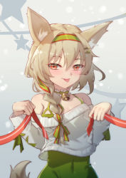 Rule 34 | 1girl, :p, animal ear fluff, animal ears, arknights, bare shoulders, beanstalk (arknights), beanstalk (gift uncompleted) (arknights), bell, blush, braid, brown hair, closed mouth, collarbone, covered navel, gradient background, green hairband, green ribbon, grey background, hair over shoulder, hair ribbon, hairband, highres, ling huanxiang, long hair, long sleeves, looking at viewer, neck bell, neck garter, off-shoulder sweater, off shoulder, official alternate costume, red eyes, ribbon, single braid, smile, solo, star (symbol), sweater, tail, tongue, tongue out, upper body, white sweater