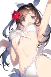 Rule 34 | 1girl, :d, arm up, armpits, bikini, blush, breasts, brown hair, cleavage, flower, frilled bikini, frills, groin, hair flower, hair ornament, hair ribbon, hand up, highres, idolmaster, idolmaster shiny colors, large breasts, long hair, looking at viewer, nakamura takeshi, navel, open mouth, ponytail, purple eyes, red flower, ribbon, scrunchie, sidelocks, simple background, smile, solo, swimsuit, thighs, tsukioka kogane, white background, white bikini, white ribbon, wrist scrunchie