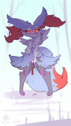 Rule 34 | 1girl, alternate color, animal ear fluff, animal ears, animal hands, artist name, between legs, blue background, blush, braixen, clenched hand, creatures (company), dark, dated, female focus, female masturbation, fox ears, fox tail, full body, furry, furry female, game freak, gen 6 pokemon, grass, half-closed eye, hand between legs, hand up, heart, heart-shaped pupils, highres, lin mzhh, looking down, masturbation, navel, nintendo, object insertion, open mouth, outdoors, pigeon-toed, pokemon, pokemon (creature), pussy juice, red eyes, saliva, shiny pokemon, signature, snow, solo, standing, stick, symbol-shaped pupils, tail, tears, tree, uneven eyes, vaginal, vaginal object insertion