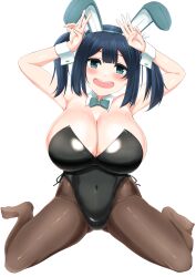 Rule 34 | 1girl, absurdres, animal ears, black leotard, black pantyhose, blue hair, blush, bow, bowtie, breasts, covered navel, detached collar, fake animal ears, green eyes, hair ribbon, highres, kantai collection, large breasts, leotard, long hair, looking at viewer, open mouth, pantyhose, playboy bunny, rabbit ears, rabbit tail, ribbon, simple background, sitting, smile, solo, souryuu (kancolle), strapless, strapless leotard, tail, traditional bowtie, twintails, wariza, watashitachino kareshi, white background, wrist cuffs