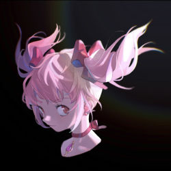 Rule 34 | 1girl, backlighting, black background, choker, closed mouth, collarbone, cropped shoulders, earrings, eyelashes, floating hair, hair ribbon, isansia, jewelry, kaname madoka, light smile, magical girl, mahou shoujo madoka magica, mahou shoujo madoka magica (anime), pink eyes, pink ribbon, portrait, red ribbon, ribbon, ribbon choker, short twintails, sidelocks, sideways glance, simple background, solo, soul gem, stud earrings, tareme, twintails, upper body